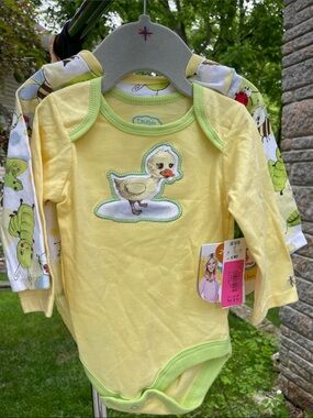 TRULY Yellow and Green Duck Appliqué Baby TWO One-Piece Bodysuits